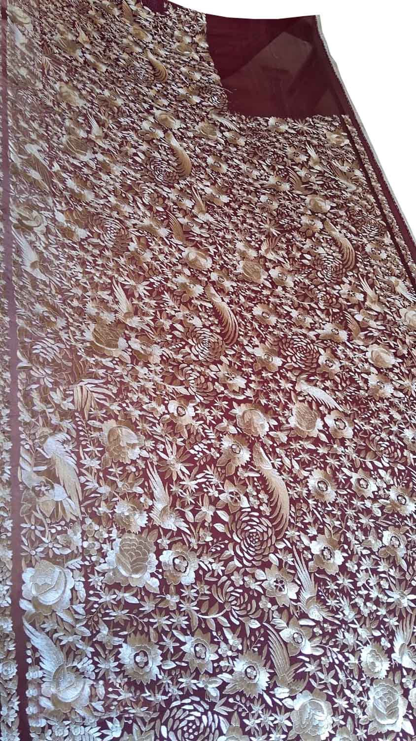 Elegant Maroon Hand Embroidered Parsi Gara Pure Georgette Flower Design Heavy Work Saree - Luxurion World
