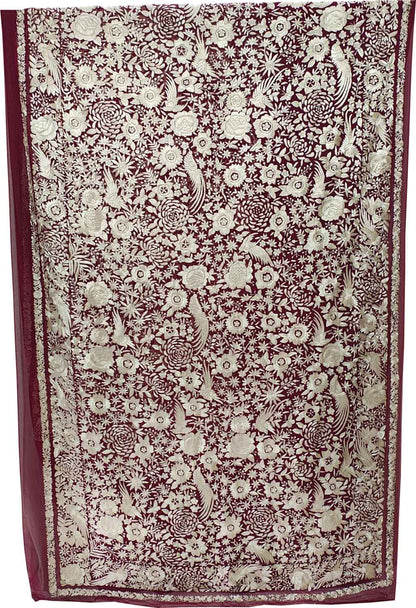 Elegant Maroon Hand Embroidered Parsi Gara Pure Georgette Flower Design Heavy Work Saree - Luxurion World