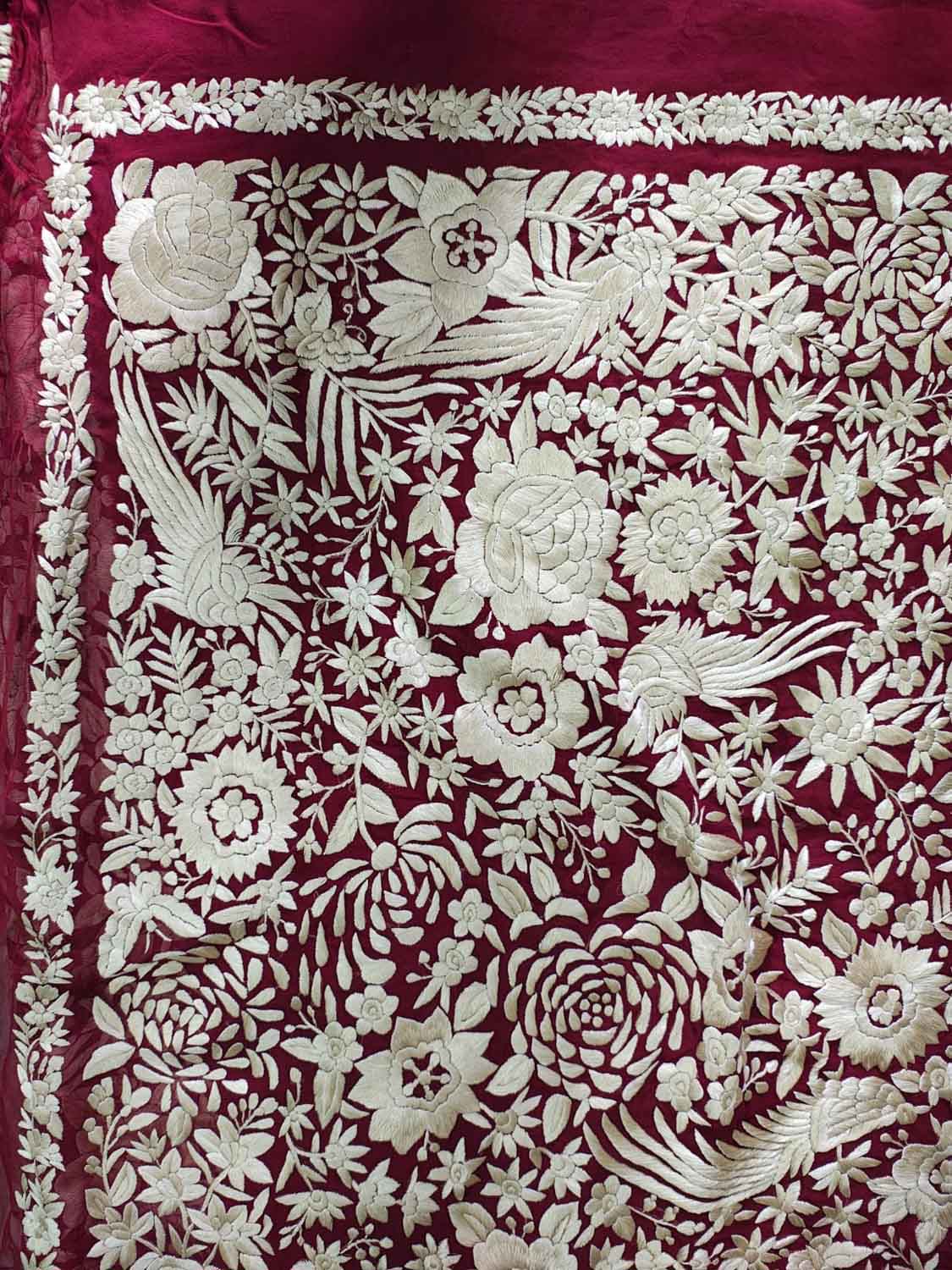 Elegant Maroon Hand Embroidered Parsi Gara Pure Georgette Flower Design Heavy Work Saree - Luxurion World