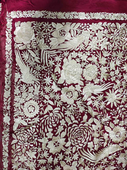 Elegant Maroon Hand Embroidered Parsi Gara Pure Georgette Flower Design Heavy Work Saree - Luxurion World