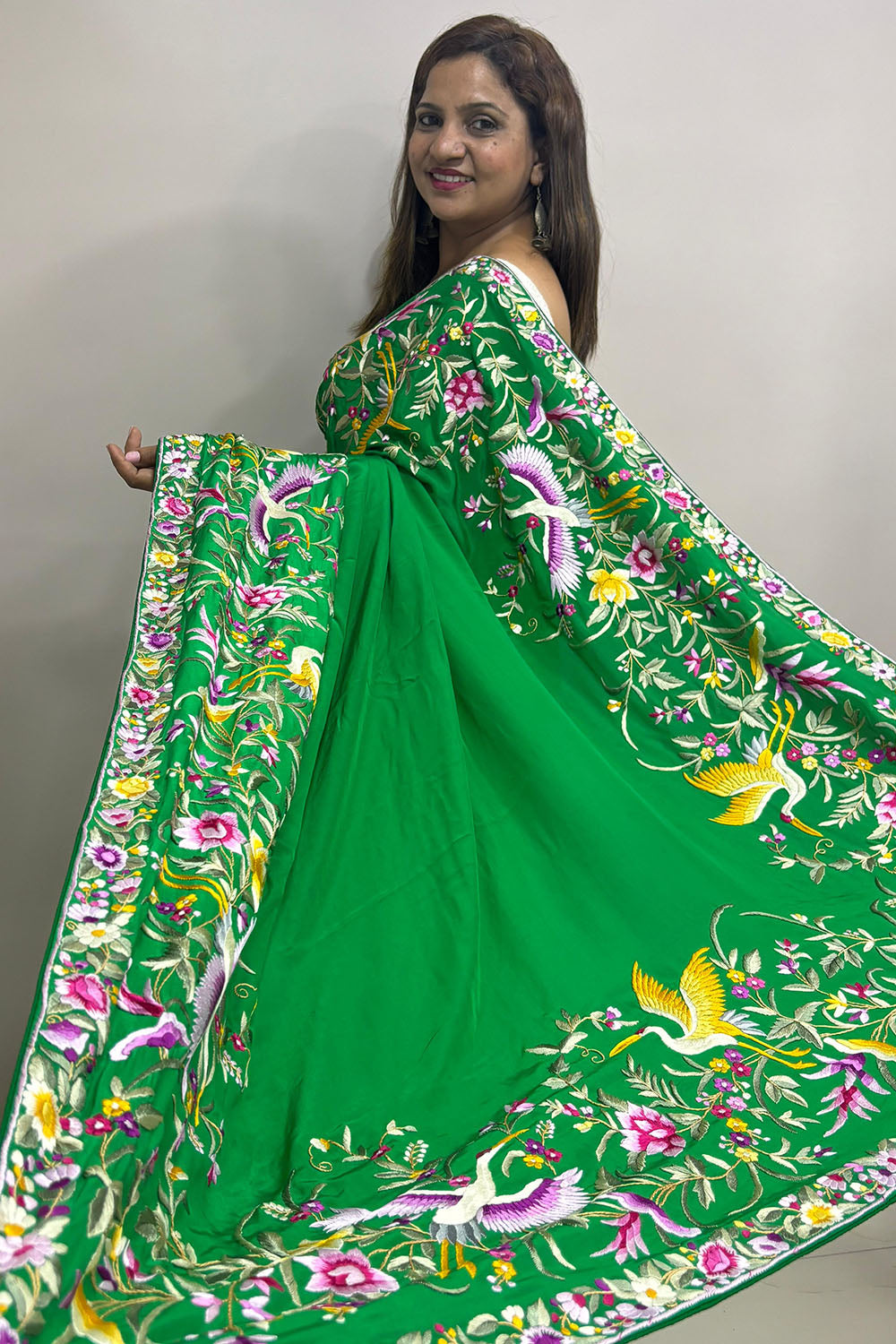 Green Hand Embroidered Parsi Gara Crepe Bird And Flower Design Multicolor Thread Work Saree - Luxurion World