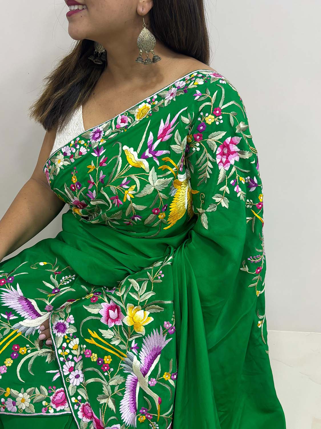 Green Hand Embroidered Parsi Gara Crepe Bird And Flower Design Multicolor Thread Work Saree - Luxurion World