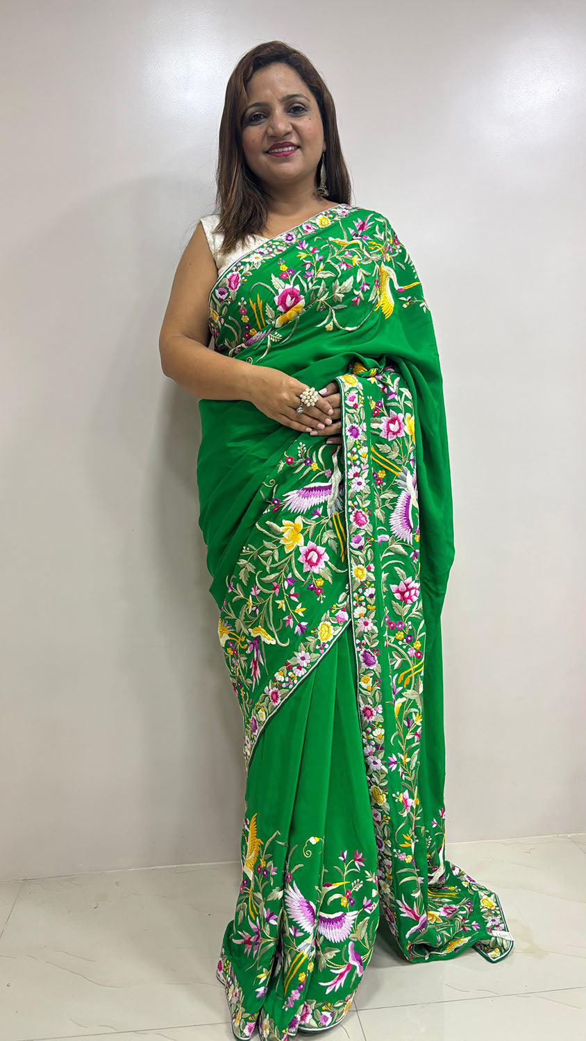 Green Hand Embroidered Parsi Gara Crepe Bird And Flower Design Multicolor Thread Work Saree - Luxurion World