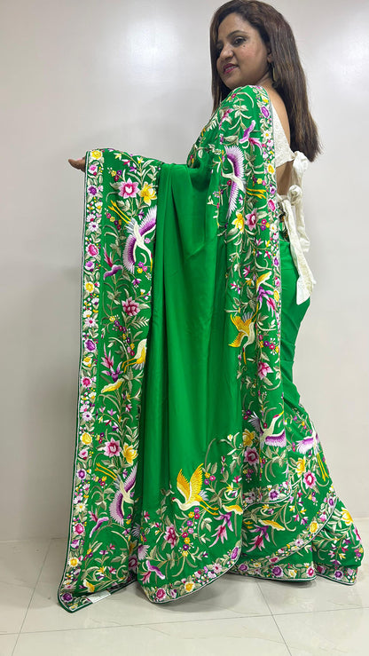 Green Hand Embroidered Parsi Gara Crepe Bird And Flower Design Multicolor Thread Work Saree - Luxurion World