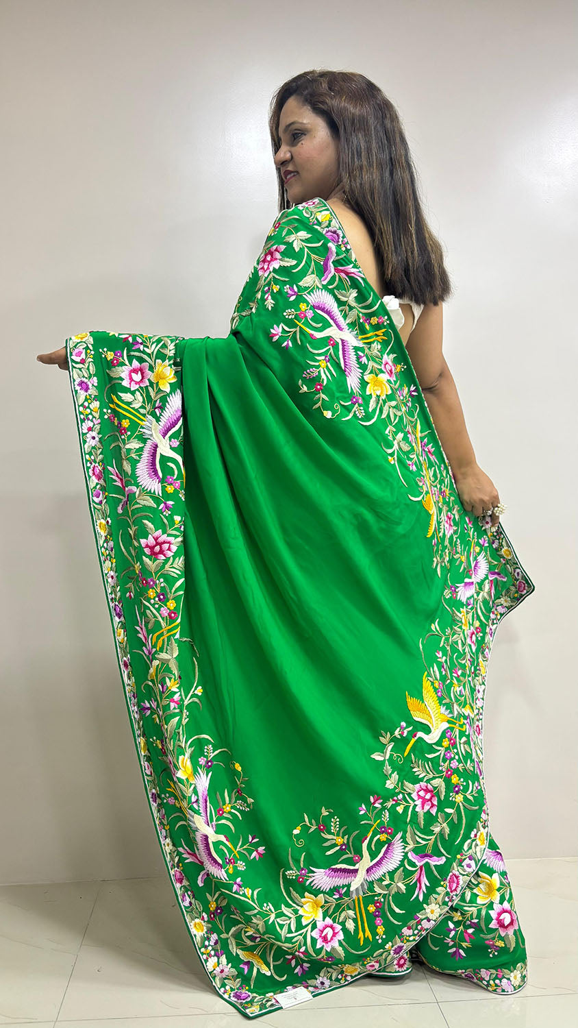 Green Hand Embroidered Parsi Gara Crepe Bird And Flower Design Multicolor Thread Work Saree - Luxurion World