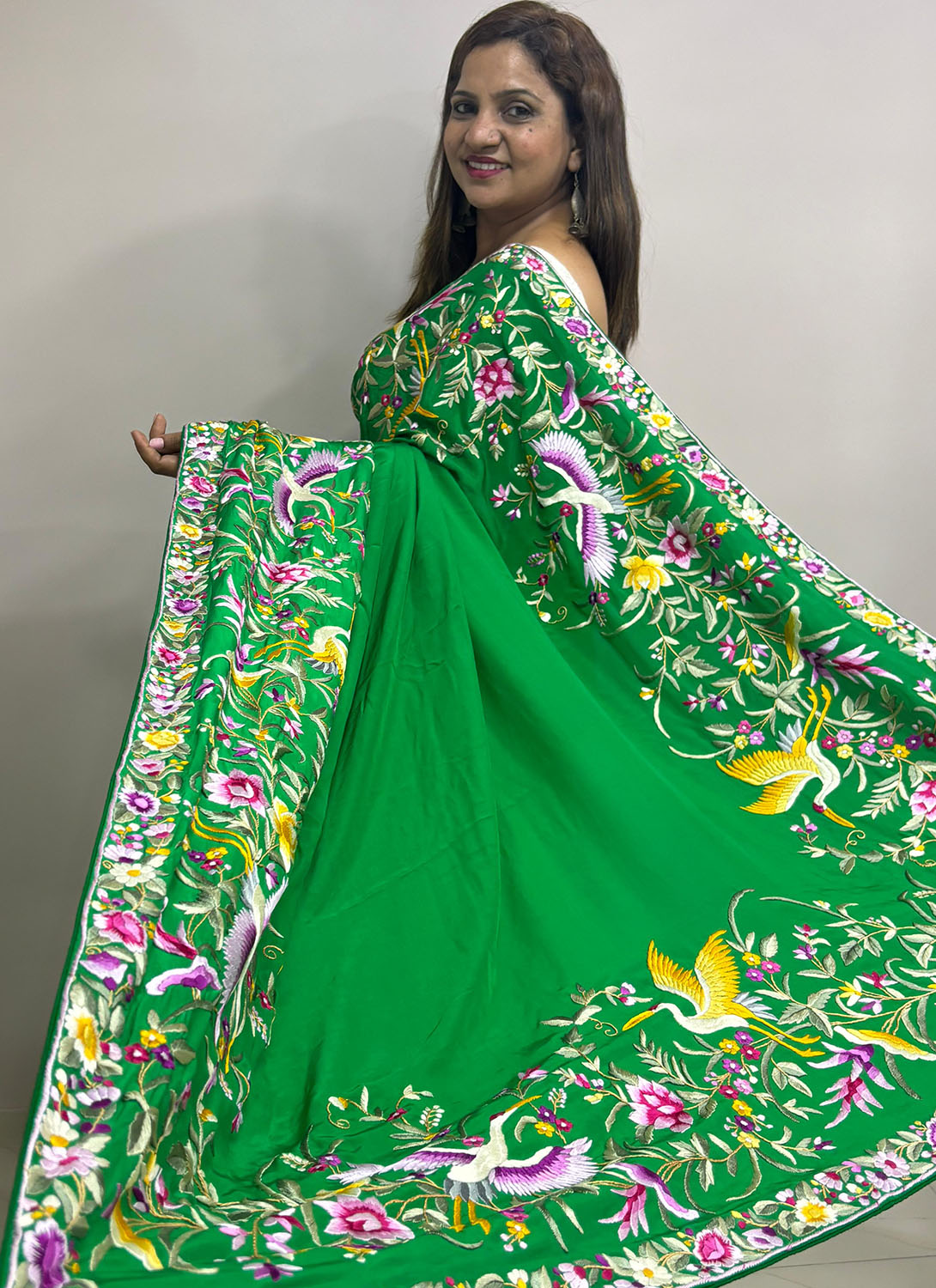 Green Hand Embroidered Parsi Gara Crepe Bird And Flower Design Multicolor Thread Work Saree - Luxurion World