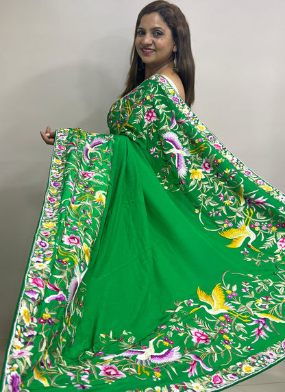 Green Hand Embroidered Parsi Gara Crepe Bird And Flower Design Multicolor Thread Work Saree - Luxurion World