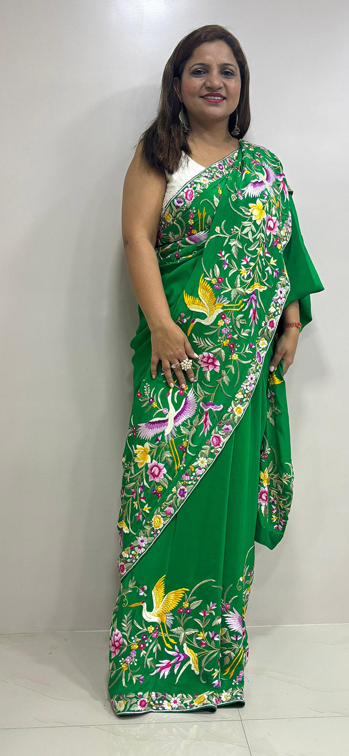 Green Hand Embroidered Parsi Gara Crepe Bird And Flower Design Multicolor Thread Work Saree - Luxurion World