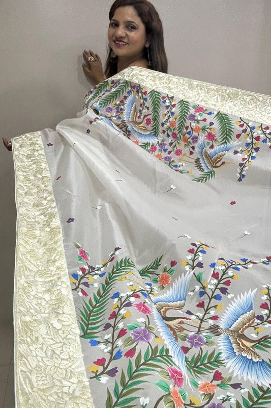 Off White Hand Embroidered Parsi Gara Organza Bird And Flower Design Hand Painted Saree - Luxurion World