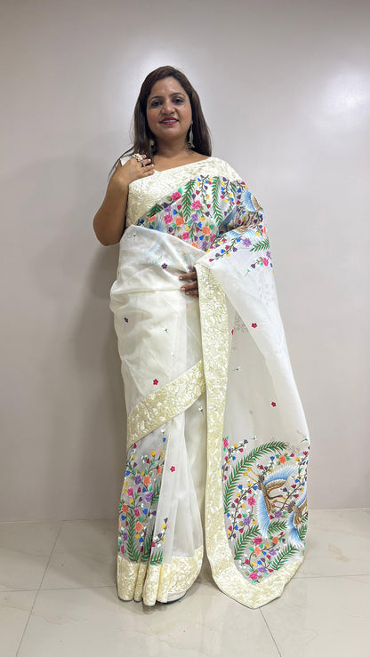 Off White Hand Embroidered Parsi Gara Organza Bird And Flower Design Hand Painted Saree - Luxurion World