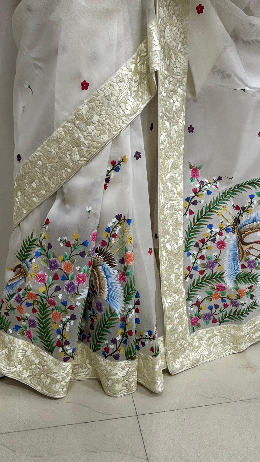 Off White Hand Embroidered Parsi Gara Organza Bird And Flower Design Hand Painted Saree - Luxurion World