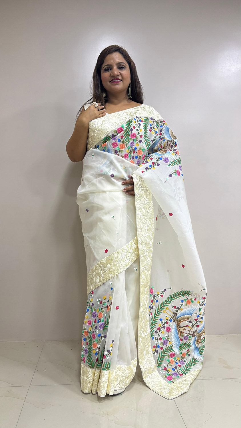 Off White Hand Embroidered Parsi Gara Organza Bird And Flower Design Hand Painted Saree - Luxurion World