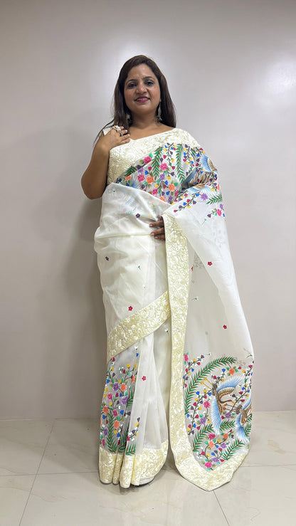 Off White Hand Embroidered Parsi Gara Organza Bird And Flower Design Hand Painted Saree - Luxurion World