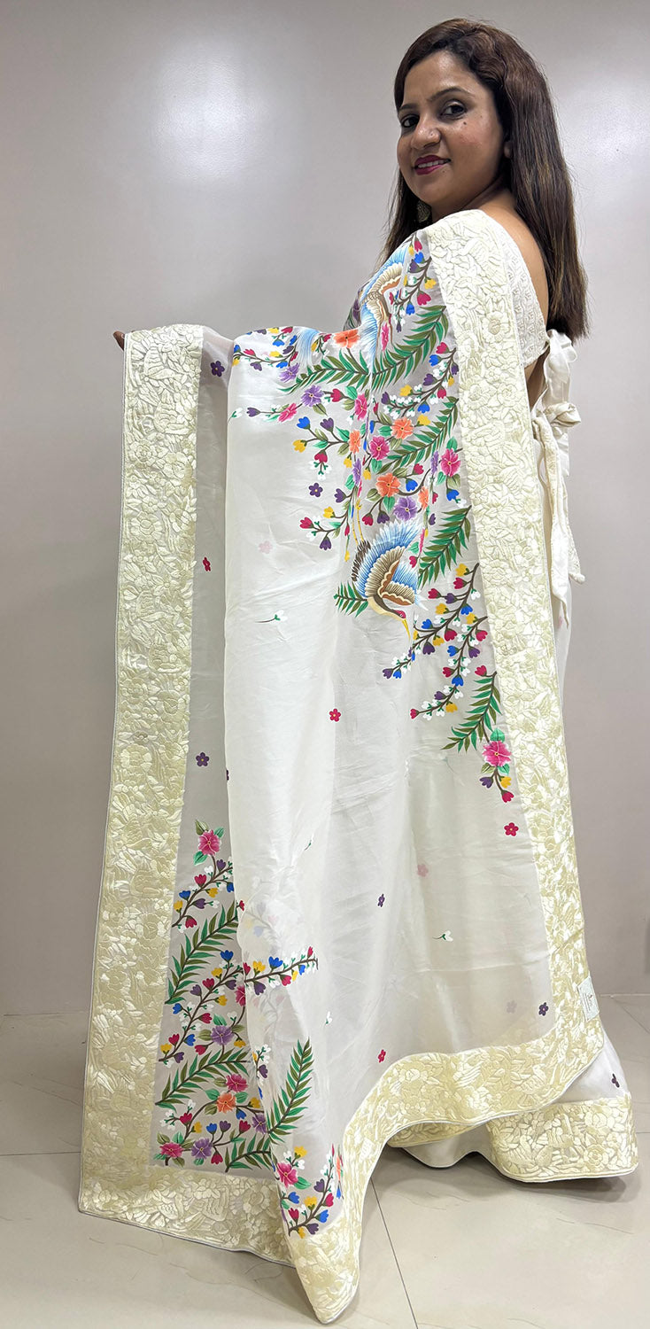 Off White Hand Embroidered Parsi Gara Organza Bird And Flower Design Hand Painted Saree - Luxurion World