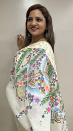 Off White Hand Embroidered Parsi Gara Organza Bird And Flower Design Hand Painted Saree - Luxurion World