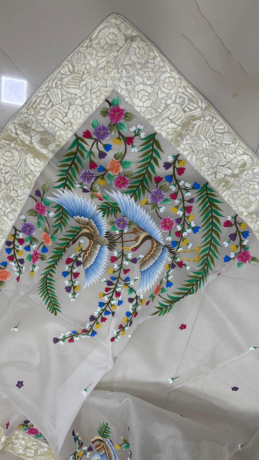Off White Hand Embroidered Parsi Gara Organza Bird And Flower Design Hand Painted Saree - Luxurion World