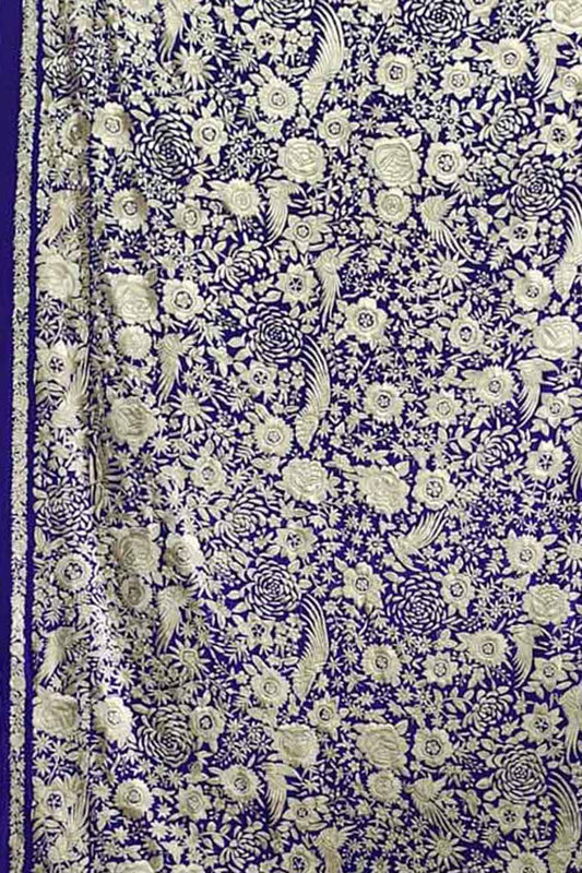 Blue Pure Crepe Parsi Hand Embroidered Flower And Bird Design Saree - Luxurion World