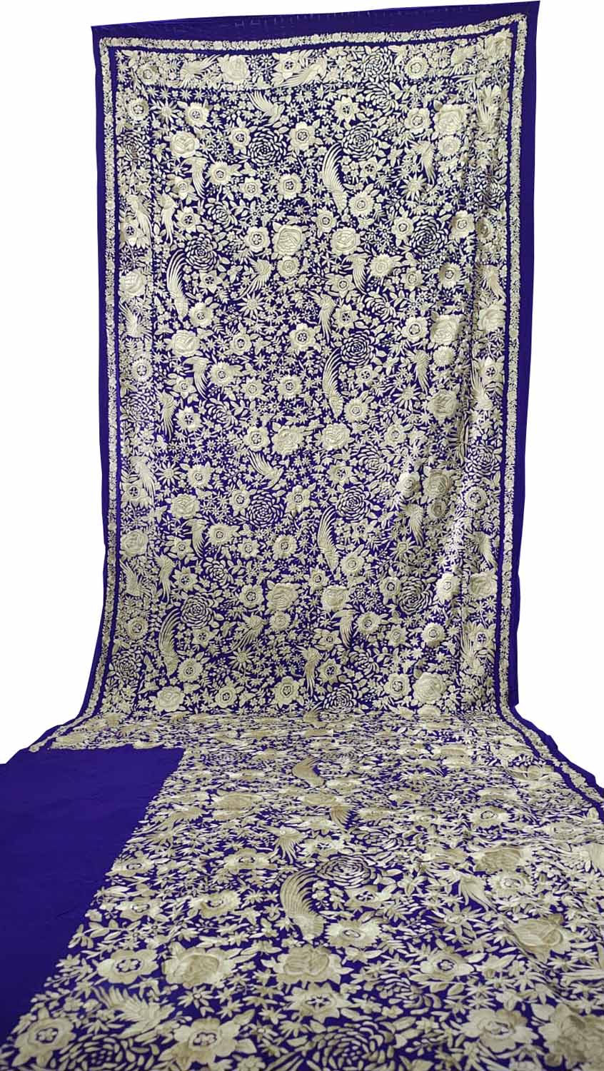 Blue Pure Crepe Parsi Hand Embroidered Flower And Bird Design Saree - Luxurion World
