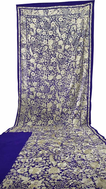 Blue Pure Crepe Parsi Hand Embroidered Flower And Bird Design Saree - Luxurion World