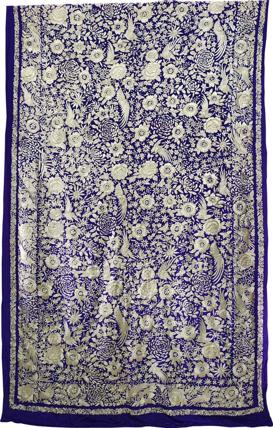 Blue Pure Crepe Parsi Hand Embroidered Flower And Bird Design Saree - Luxurion World
