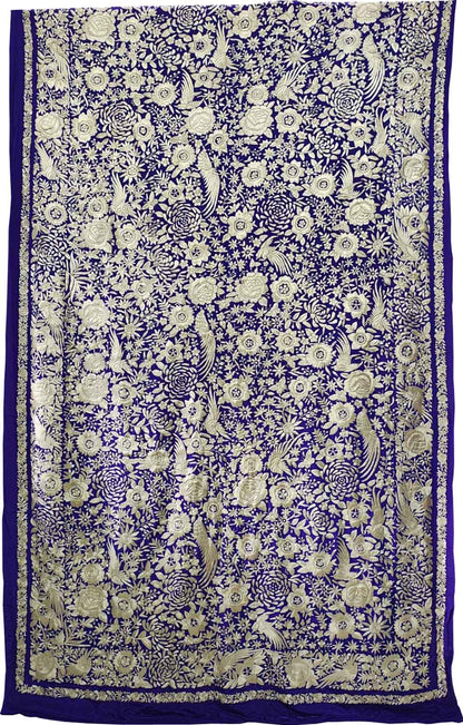 Blue Pure Crepe Parsi Hand Embroidered Flower And Bird Design Saree - Luxurion World