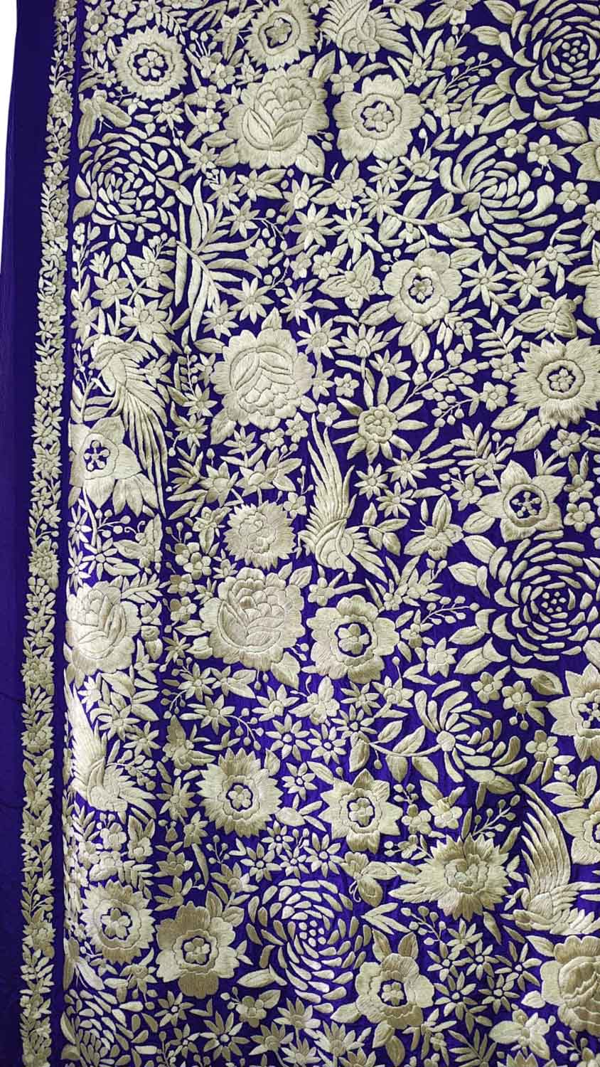 Blue Pure Crepe Parsi Hand Embroidered Flower And Bird Design Saree - Luxurion World