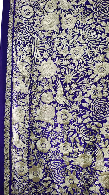 Blue Pure Crepe Parsi Hand Embroidered Flower And Bird Design Saree - Luxurion World