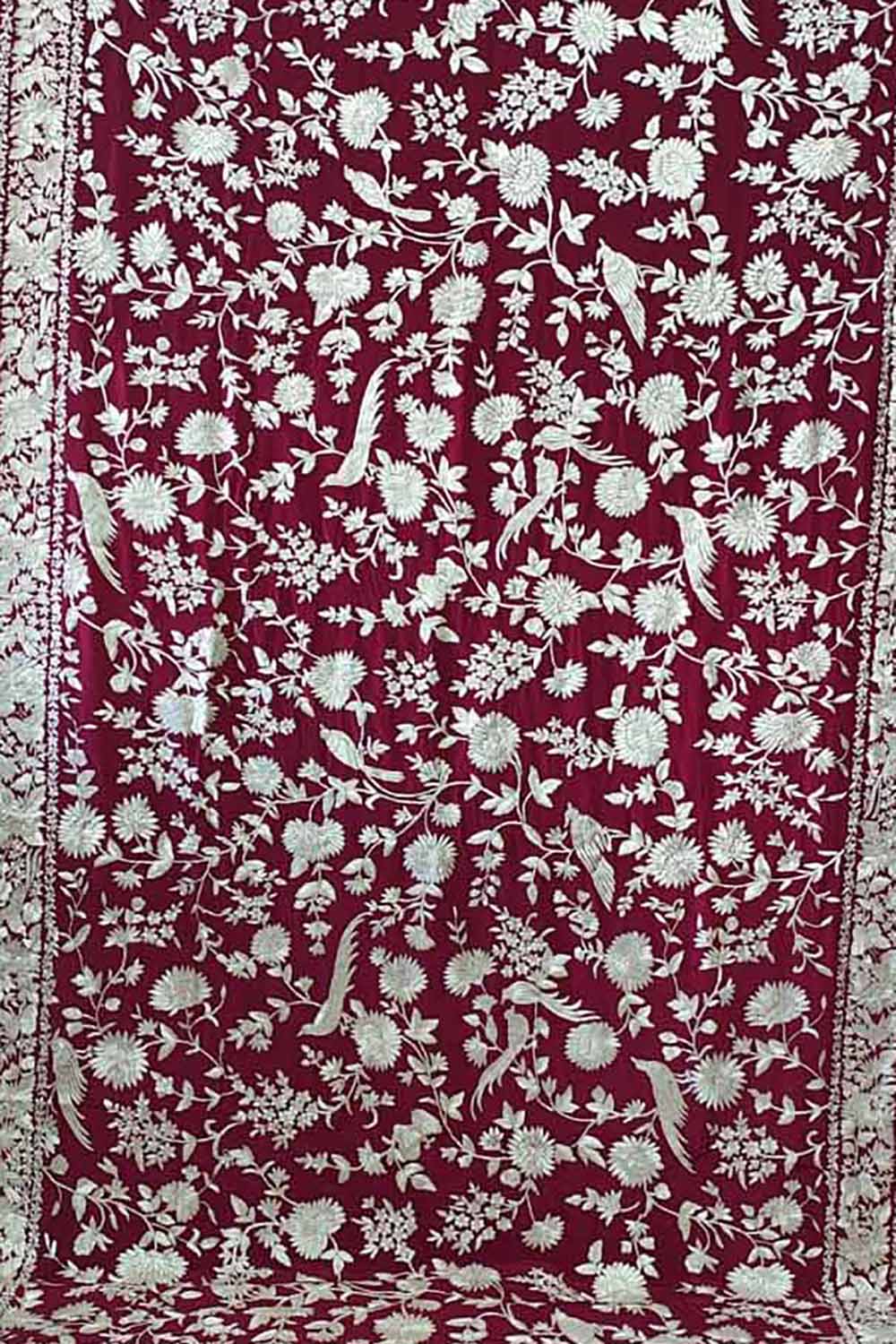 Red Pure Crepe Parsi Hand Embroidered Flower And Bird Design Saree - Luxurion World