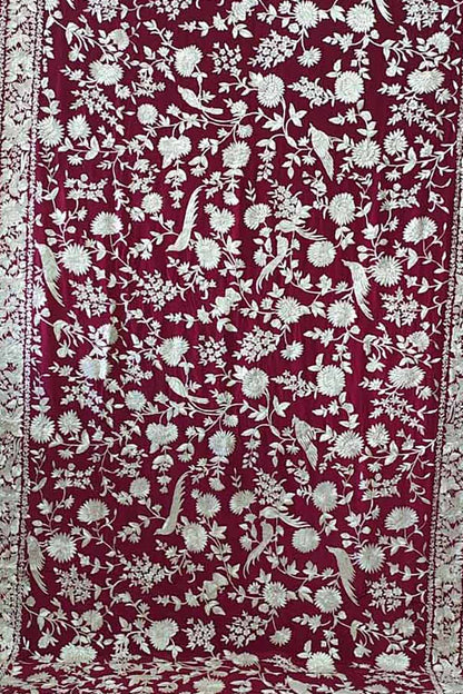 Red Pure Crepe Parsi Hand Embroidered Flower And Bird Design Saree - Luxurion World