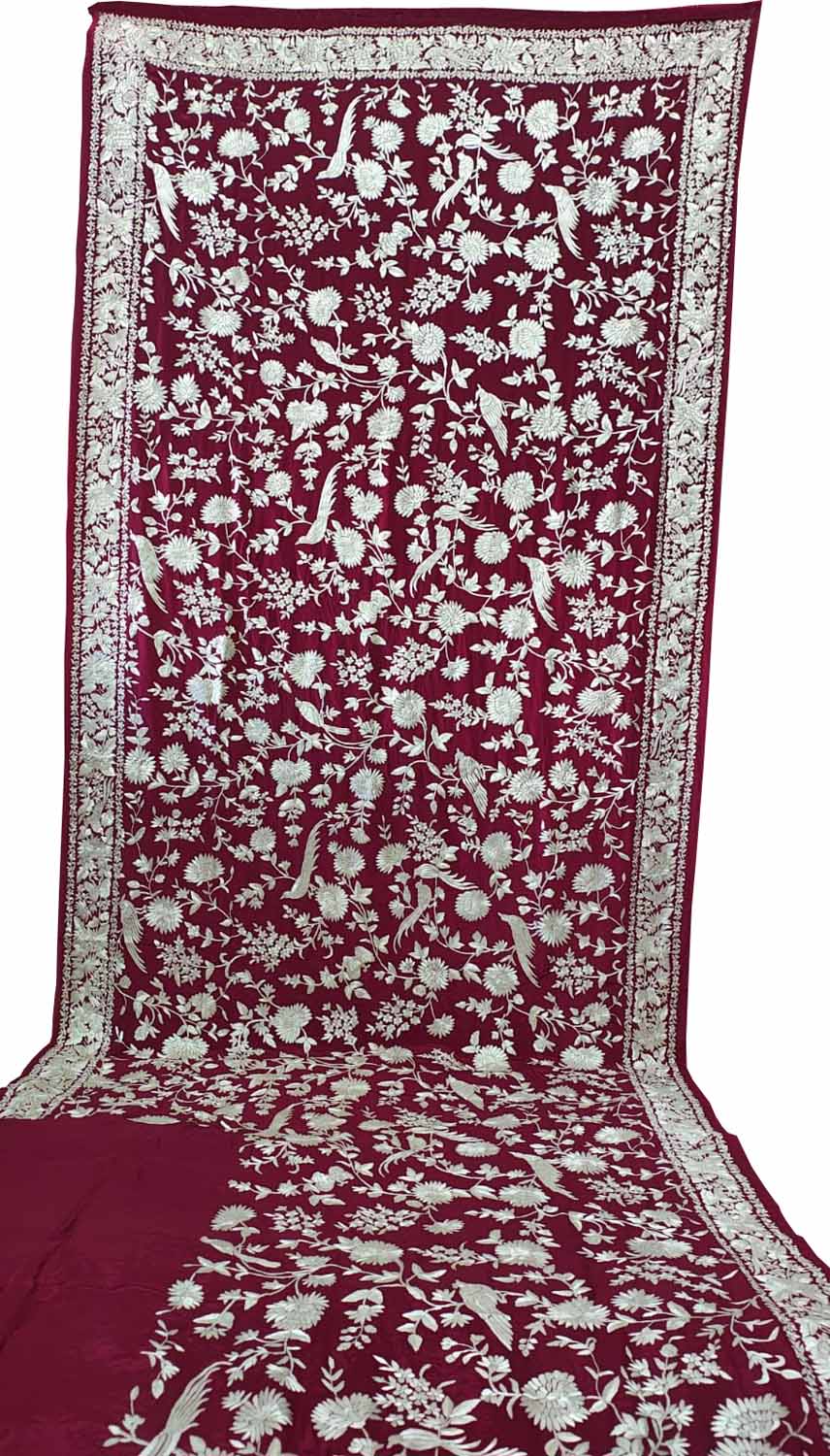 Red Pure Crepe Parsi Hand Embroidered Flower And Bird Design Saree - Luxurion World