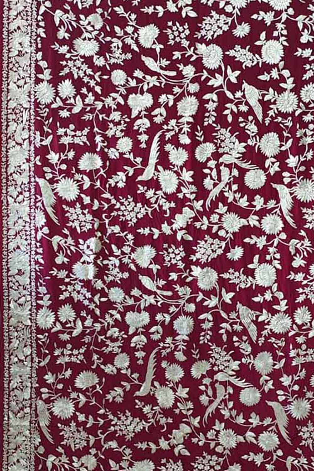 Red Pure Crepe Parsi Hand Embroidered Flower And Bird Design Saree - Luxurion World
