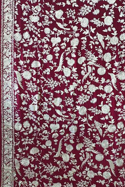 Red Pure Crepe Parsi Hand Embroidered Flower And Bird Design Saree - Luxurion World