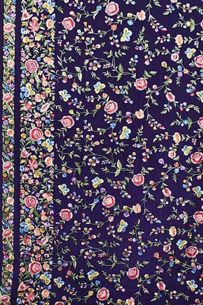 Blue Pure Crepe Parsi Hand Embroidered Flower Design Saree - Luxurion World