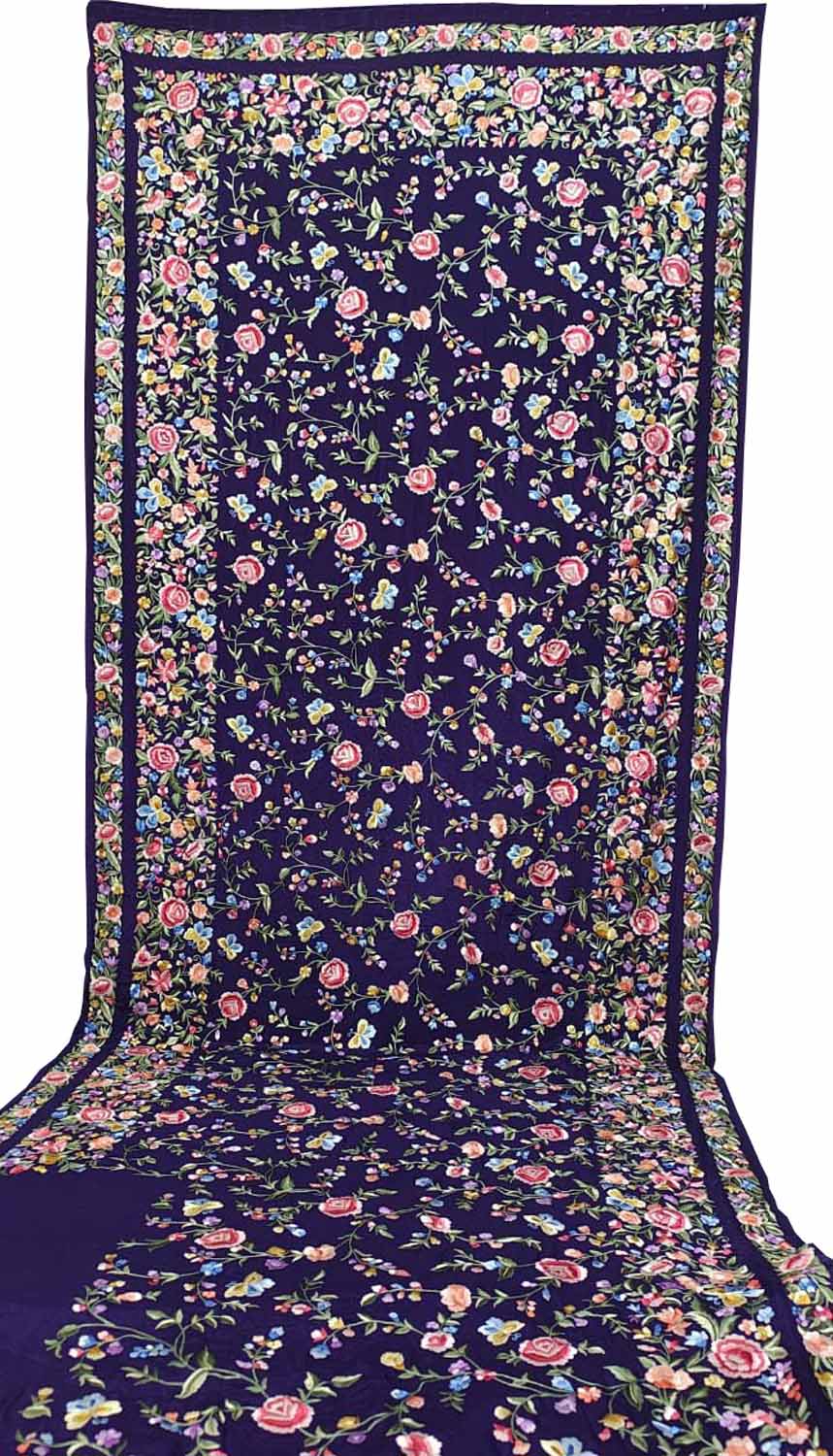 Blue Pure Crepe Parsi Hand Embroidered Flower Design Saree - Luxurion World