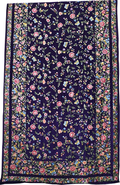 Blue Pure Crepe Parsi Hand Embroidered Flower Design Saree - Luxurion World