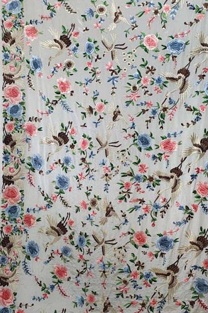 Elegant Off White Pure Crepe Parsi Hand Embroidered Flower And Bird Design Saree - Luxurion World