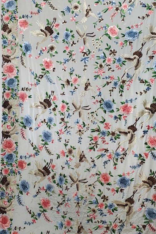 Elegant Off White Pure Crepe Parsi Hand Embroidered Flower And Bird Design Saree - Luxurion World