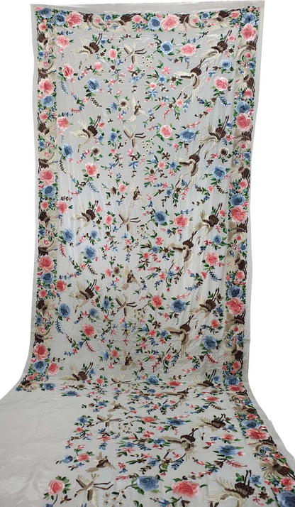 Elegant Off White Pure Crepe Parsi Hand Embroidered Flower And Bird Design Saree - Luxurion World