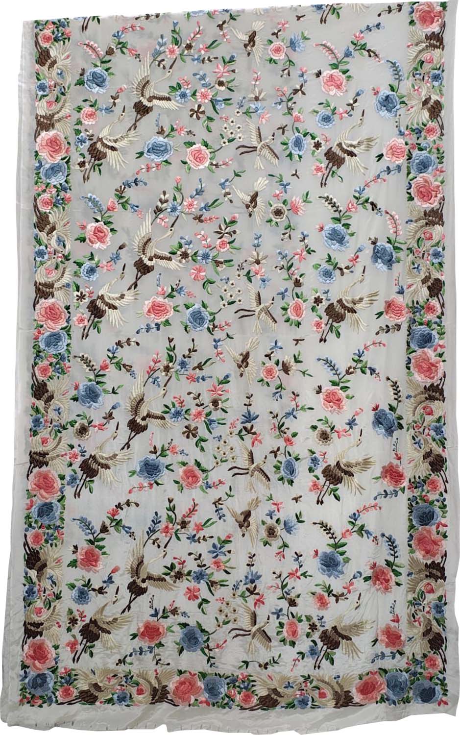 Elegant Off White Pure Crepe Parsi Hand Embroidered Flower And Bird Design Saree - Luxurion World