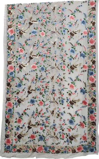 Elegant Off White Pure Crepe Parsi Hand Embroidered Flower And Bird Design Saree - Luxurion World