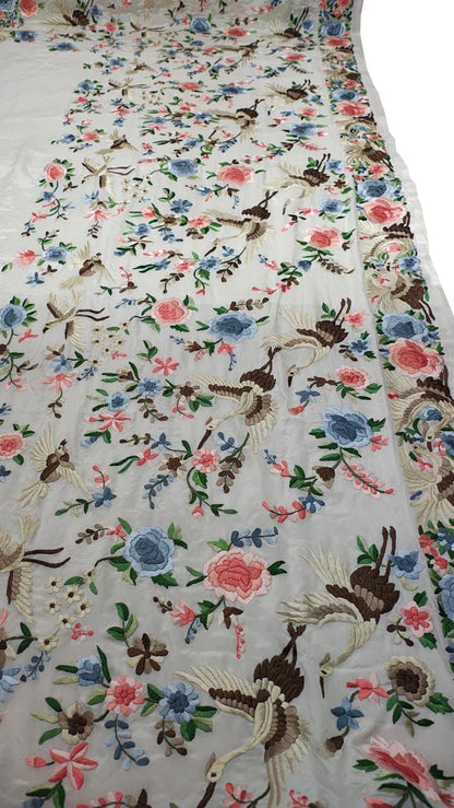 Elegant Off White Pure Crepe Parsi Hand Embroidered Flower And Bird Design Saree - Luxurion World