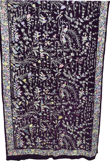 Blue Pure Crepe Parsi Hand Embroidered Flower Design Saree - Luxurion World