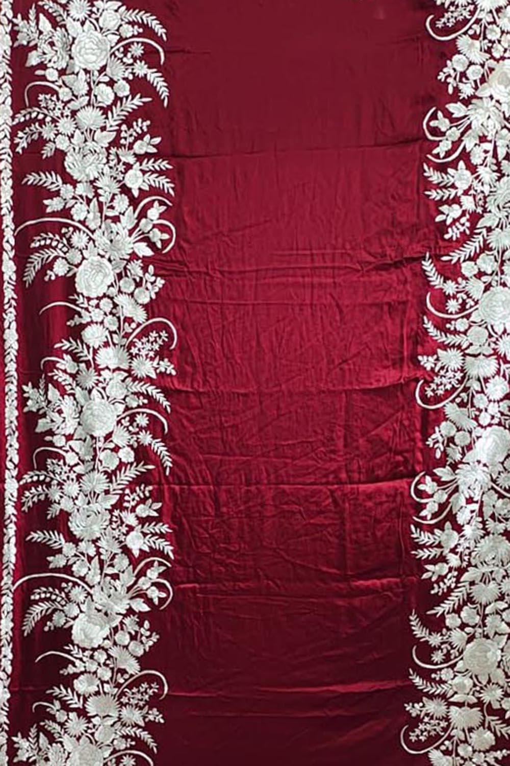 Red Pure Satin Silk Parsi Hand Embroidered Flower Design Saree - Luxurion World