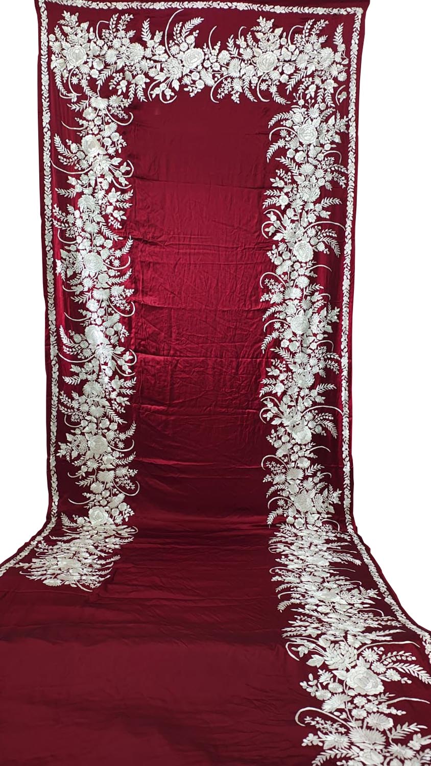 Red Pure Satin Silk Parsi Hand Embroidered Flower Design Saree - Luxurion World