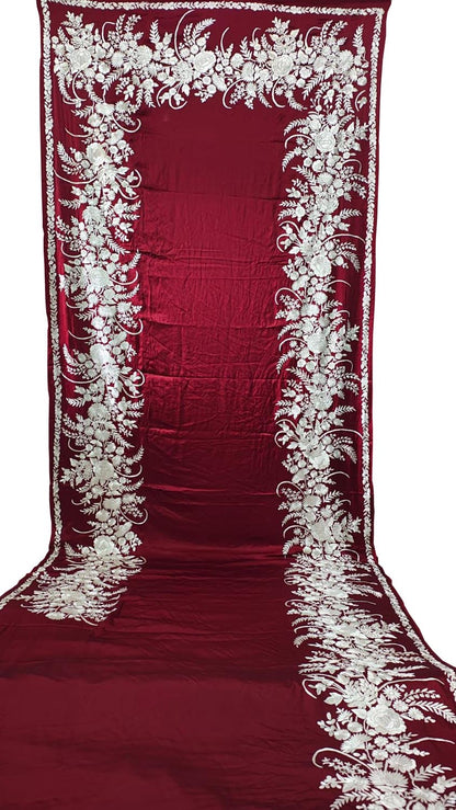 Red Pure Satin Silk Parsi Hand Embroidered Flower Design Saree - Luxurion World