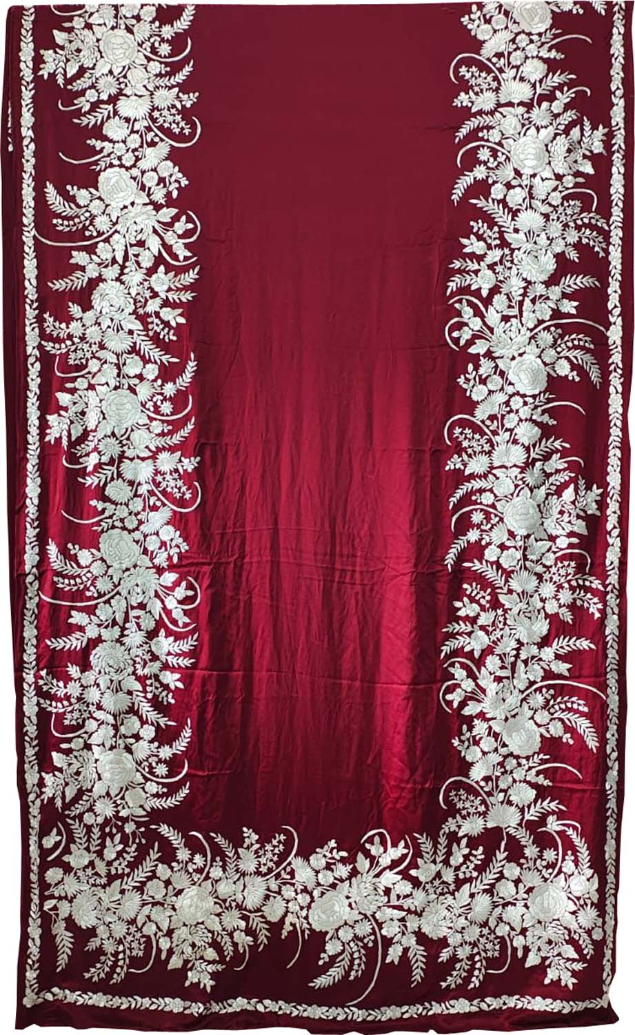 Red Pure Satin Silk Parsi Hand Embroidered Flower Design Saree - Luxurion World