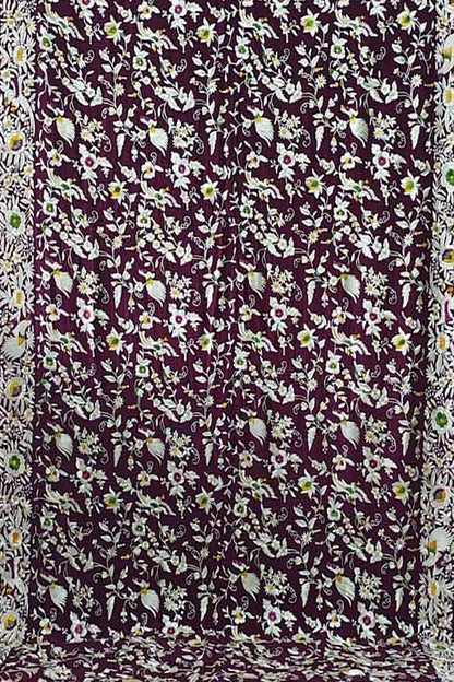 Purple Pure Crepe Parsi Hand Embroidered Flower Design Saree - Luxurion World