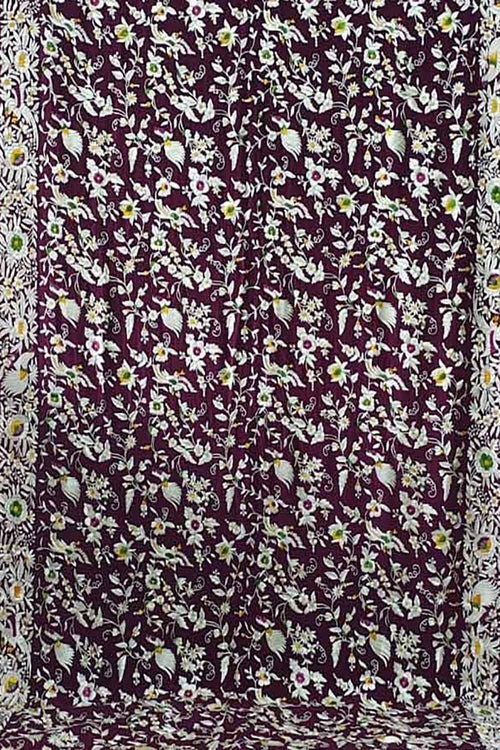 Purple Pure Crepe Parsi Hand Embroidered Flower Design Saree - Luxurion World
