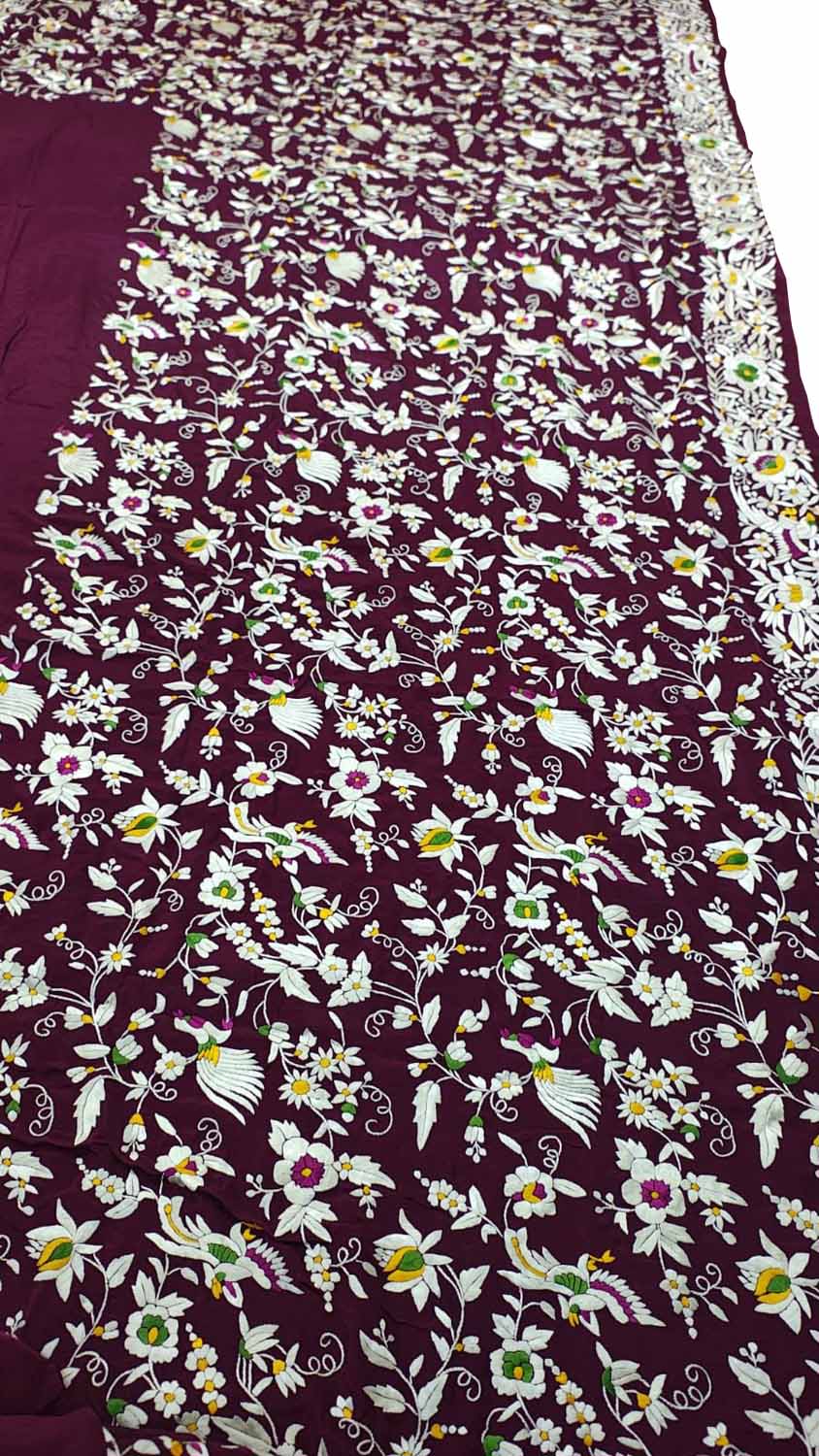 Purple Pure Crepe Parsi Hand Embroidered Flower Design Saree - Luxurion World