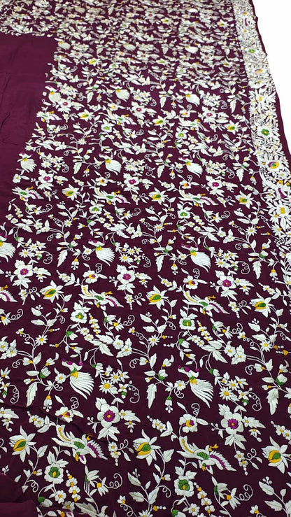 Purple Pure Crepe Parsi Hand Embroidered Flower Design Saree - Luxurion World